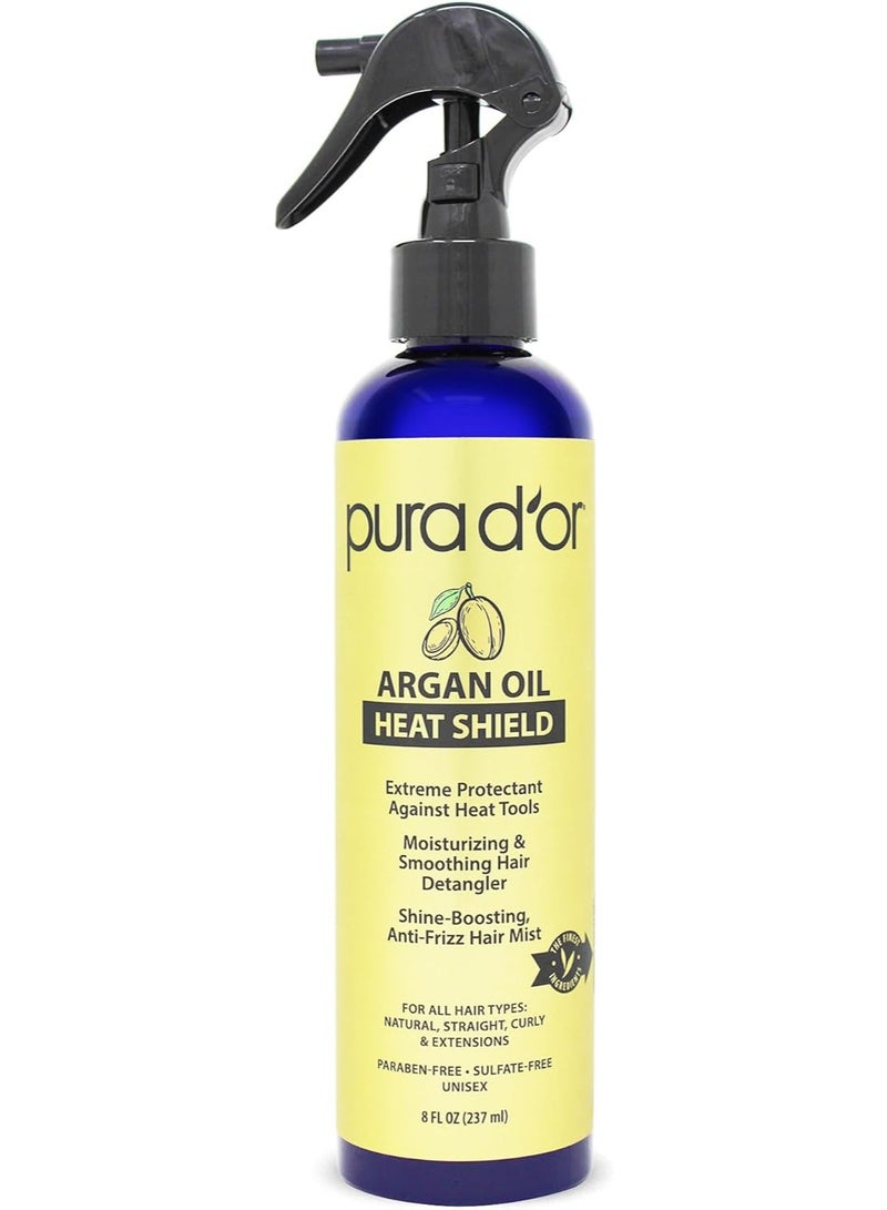 PURA D'OR 8 Oz Argan Oil Heat Shield Protectant Spray with Select Organic Ingredients, Protects Up To 450º F From Flat Iron & Hot Blow Dry, Leave-In, Define & Shine Dry & Damaged Hair - Image 1